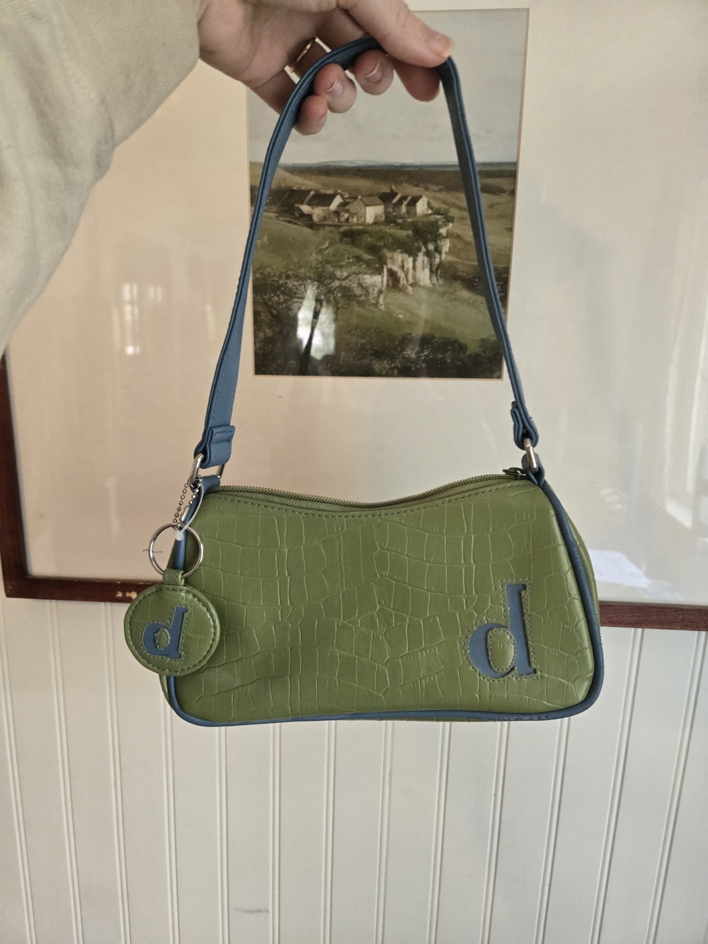 Y2k Nostalgic Letter Mini Bag Green Croc-Texture Shoulder Bag with Blue Trim
